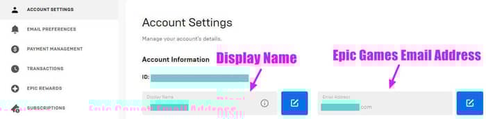 find Display name and Epic Games Email Address on Epic Games official website